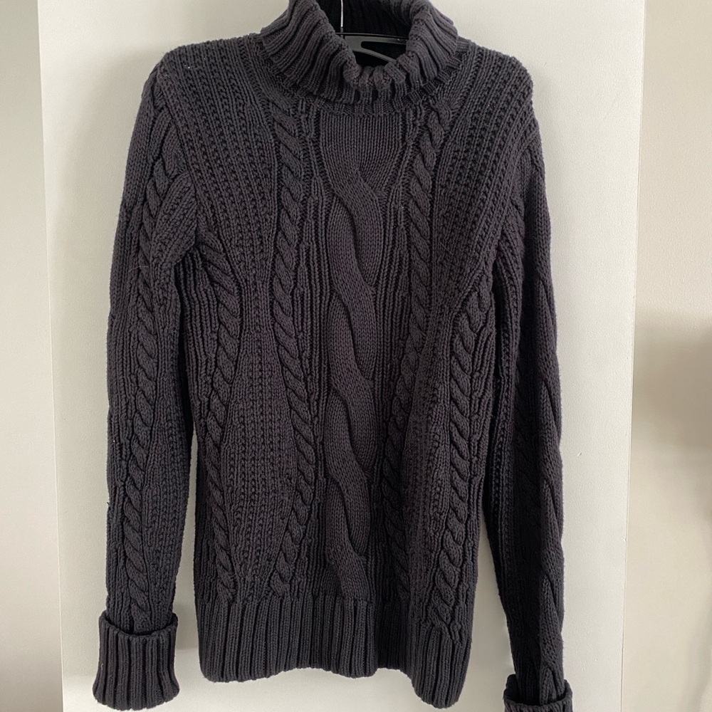 Lands' End Turtleneck Sweater black cable knit cotton fisherman